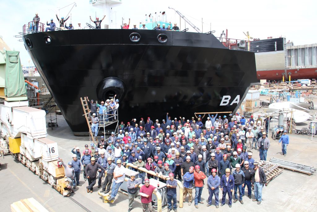 May 2016 - Shipbuilders at General Dynamics NASSCO prepare to lift the remaining block for the Bay State.