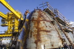 Construction of the USNS Hershel "Woody" Williams, an expeditionary sea base for the U.S. Navy, takes place in General Dynamics NASSCO's San Diego shipyard.