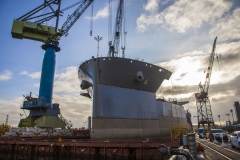 Construction of the USNS Hershel "Woody" Williams, an expeditionary sea base for the U.S. Navy, takes place in General Dynamics NASSCO's San Diego shipyard.